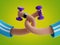 3d render elastic cartoon body parts. Hands hold dumbbells isolated on green background. Physical activity at home, indoor fitness