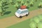 3d render electric car drives along the road among the trees
