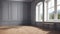 A 3d Render Of An Empty Classical Room With Wooden Floors And Gray Walls. Adorned With White Moulding. Capturing Th. Generative AI