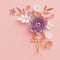 3d render, fall paper flowers, botanical arrangement, thanksgiving floral clip art, bouquet isolated on blush pink background,