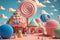 3D Render, Fantasy Colorful Candyland Background With Cupcake, Candies, Ice Cream,