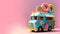 3D Render, Fantasy Colorful Food Truck of Candy Land Against Colorful