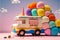 3D Render, Fantasy Colorful Food Truck of Candyland On Pink And Blue