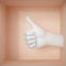 3d render, female mannequin hand like gesture isolated on peachy background, hole in the wall, thumb up, white artificial body