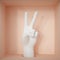3d render, female mannequin hand victory gesture isolated on peachy background, hole in the floor, fingers, white artificial body