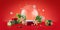 3d render, festive Christmas ornaments and baubles. Empty glass snow ball isolated on red background