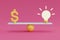 3d render financial investment concept with light bulbs and money on pink background.Minimal design ,flat lay