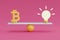3d render financial investment concept with light bulbs and money on pink background.Minimal design ,flat lay