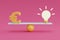 3d render financial investment concept with light bulbs and money on pink background.Minimal design ,flat lay