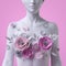 3d render, floral female bust, mannequin decorated with delicate paper flowers, white woman silhouette isolated on pink background