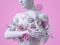 3d render, floral female bust, white mannequin covered with delicate paper flowers, woman silhouette isolated on pink background.