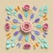 3d render, floral kaleidoscope, pastel paper flowers, symmetrical ornament, botanical background, paper craft