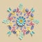 3d render, floral kaleidoscope, pastel paper flowers, symmetrical ornament, botanical background, paper craft