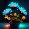 3D render of a flower pot with daisies in neon light AI generated