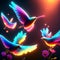 3d render, flying hummingbirds and flowers in neon light. AI Generated