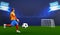 3D Render Of Footballer Kicking The Ball On Blue And Green Stadium