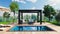 3D render front view of outdoor pergola on teak pool deck