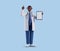 3d render, full body african cartoon character. Black doctor wears glasses, shows finger up, holds clipboard with blank paper.