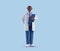3d render, full body african cartoon character. Black skin doctor wears glasses and holds blue clipboard. Medical clip art
