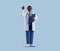 3d render, full body african cartoon character. Doctor with dark skin wears glasses, shows finger up, holds blue clipboard. Health
