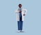 3d render, full body african cartoon character. Doctor with dark skin, wears glasses, shows thumb up, like gesture. Medical health