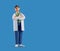 3d render, full height cartoon character, smart proud confident doctor wears glasses, isolated on blue background. Professional