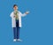 3d render, full height cartoon character, smart trustworthy doctor wears glasses, shows inviting gesture, talking. Professional