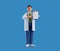 3d render, full size cartoon character doctor. Caucasian man wears white coat and glasses, shows clipboard with blank paper.