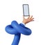 3d render, funny cartoon character flexible hand holds smart phone, electronic device with blank screen. Wireless technology