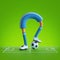 3d render, funny cartoon character sportsman, soccer player in blue uniform, legs with ball isolated on green background