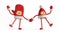 3d render, funny christmas characters holding hands. Winter toys. Red mitten and cap with pompom, with hands and legs standing