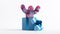 3d render, funny colorful furry monster jumps out the big gift box, Yeti cartoon character celebrating birthday holiday. Festive