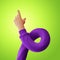 3d render, funny flexible cartoon human hand in violet sweater. Finger points up. Clip art isolated on green background