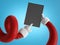 3d render, funny Santa Claus hands in red sleeves with white fur hold black mobile device, empty blank board, wireless gadget.