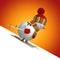 3d render, funny snowman skiing downhill. Christmas greeting card with red background