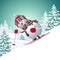 3d render, funny snowman skiing downhill, winter landscape background. Christmas greeting card illustration