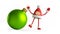 3d render. Funny winter seasonal mascot holds with green glass ball ornament. Red cap with pom pom, face hands and legs. Cute