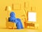 3d render, furry blue cartoon character monster sits in comfortable armchair in front of TV with blank screen mockup.