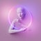 3d render, futuristic mannequin bald head and hands inside the glowing neon round frame isolated on pink background. Product