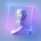 3d render, futuristic mannequin bald head and hands inside the glowing neon square frame, isolated on violet blue background.