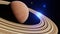 3D Render, Gas giant planet in deep space. Saturn planet and rings close-up. Planet Saturn in the starry sky