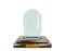 3d render, glass award trophy or winner prize on wooden pedestal, front view. Mockup empty crystal cylindrical plate or