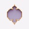 3d render, gold arabic frame, ornate shape, light violet, lilac, tribal arabesque design, empty banner, greeting card template