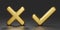 3D render gold Checkmark and X mark icon set on black background. Checkmark right symbol, tick sign. check and uncheck for web and