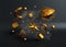 3D render of golden crystal elements such as spheres, star, tubes and diamond.