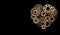 3d render golden heart made of gears and small spare parts on black background wirh copyspace