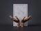 3d render, golden mannequin hands isolated on black background, white marble panel, blank frame, spiritual concept, shop display,