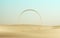 3d render, golden ring round frame on a desert landscape, abstract modern minimal background. Showcase with space for product