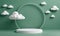 3d render green background with white clouds flying in front of circle shape