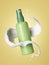 3d render, green cosmetic bottle inside white liquid splash levitate, isolated on yellow background, spray flask vial, beauty
